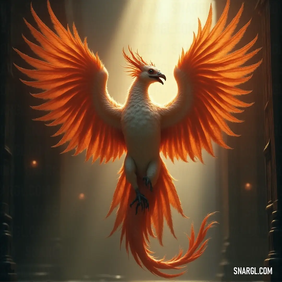 A magnificent flame-winged creature with vibrant orange feathers stands tall in the warm glow of sunlight. Its wings stretch wide, capturing the light as it prepares to take flight, exuding strength and beauty in every feather.