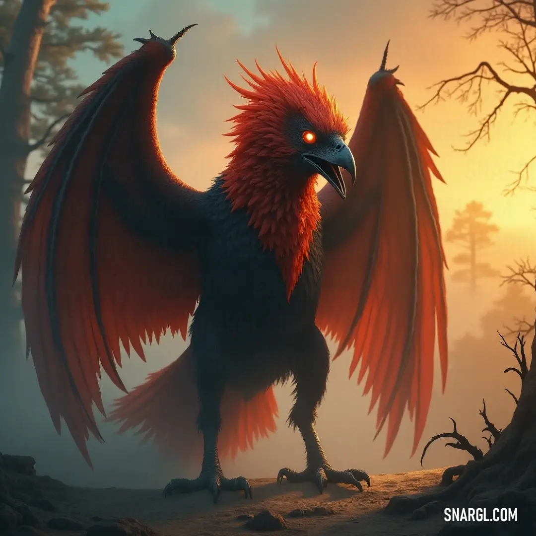 At sunset, a magnificent Flamewing with fiery red wings stands in a shadowed forest. Its wings stretch wide, and its eyes glow with intensity, making it an imposing figure in the dimming light. A powerful Flamewing with glowing red wings stands in a forest at sunset. Its wings are spread wide, casting dramatic shadows, while its glowing eyes pierce the dusky atmosphere, creating an otherworldly presence.
