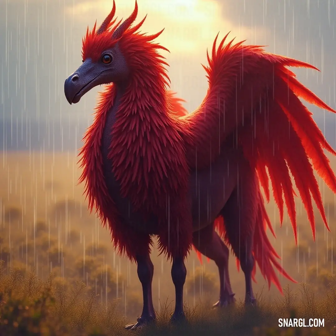 Red Flamewing standing boldly in the rain with a sunset view A breathtaking Red Flamewing stands resolutely in the rain, its long wings extended against a backdrop of a vibrant sunset, while lush grass sways gently in the cooling breeze of the evening.