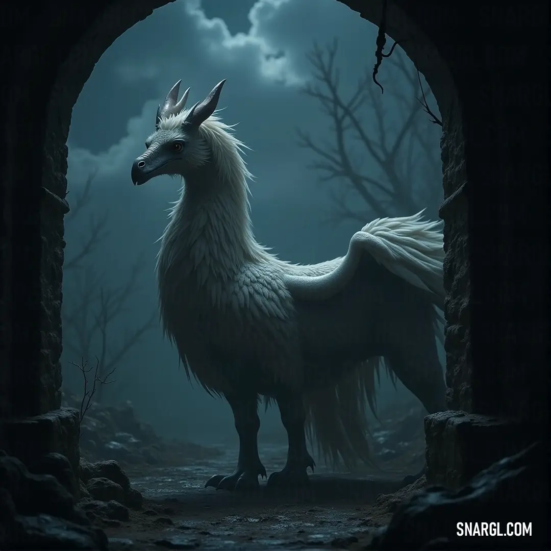 A white Flamewing perched within a cave, bathed in the ethereal light of a full moon, exuding mystery and allure. A mystical white Flamewing stands in a shadowed cave, illuminated by the cool glow of a full moon peeking through the dark sky. Its wings shimmer faintly, adding to the enigmatic aura that surrounds the scene.