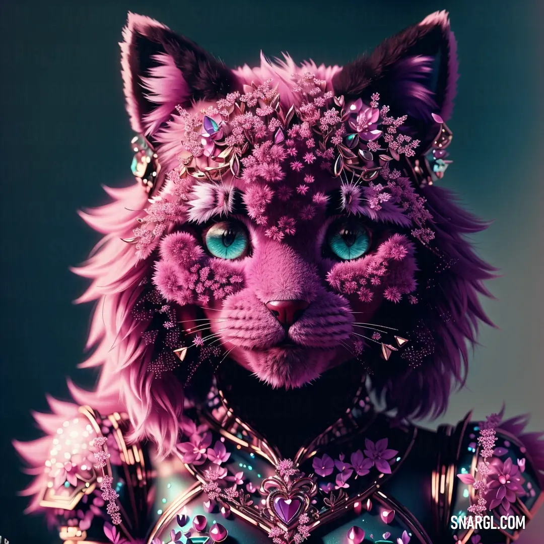 Cat with blue eyes and a pink outfit with jewels on it's head and chest