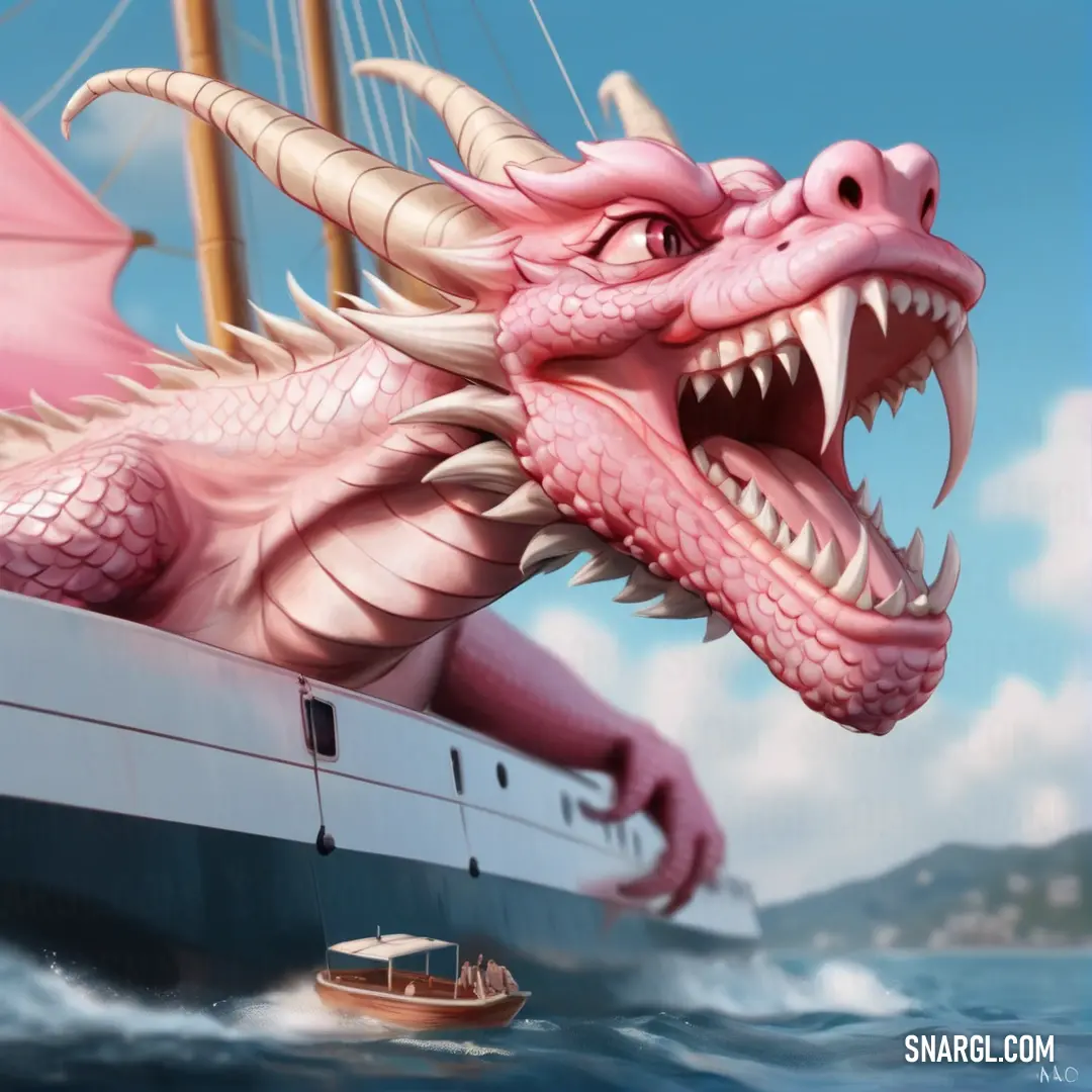 Dragon is on a boat in the water with a boat in the background