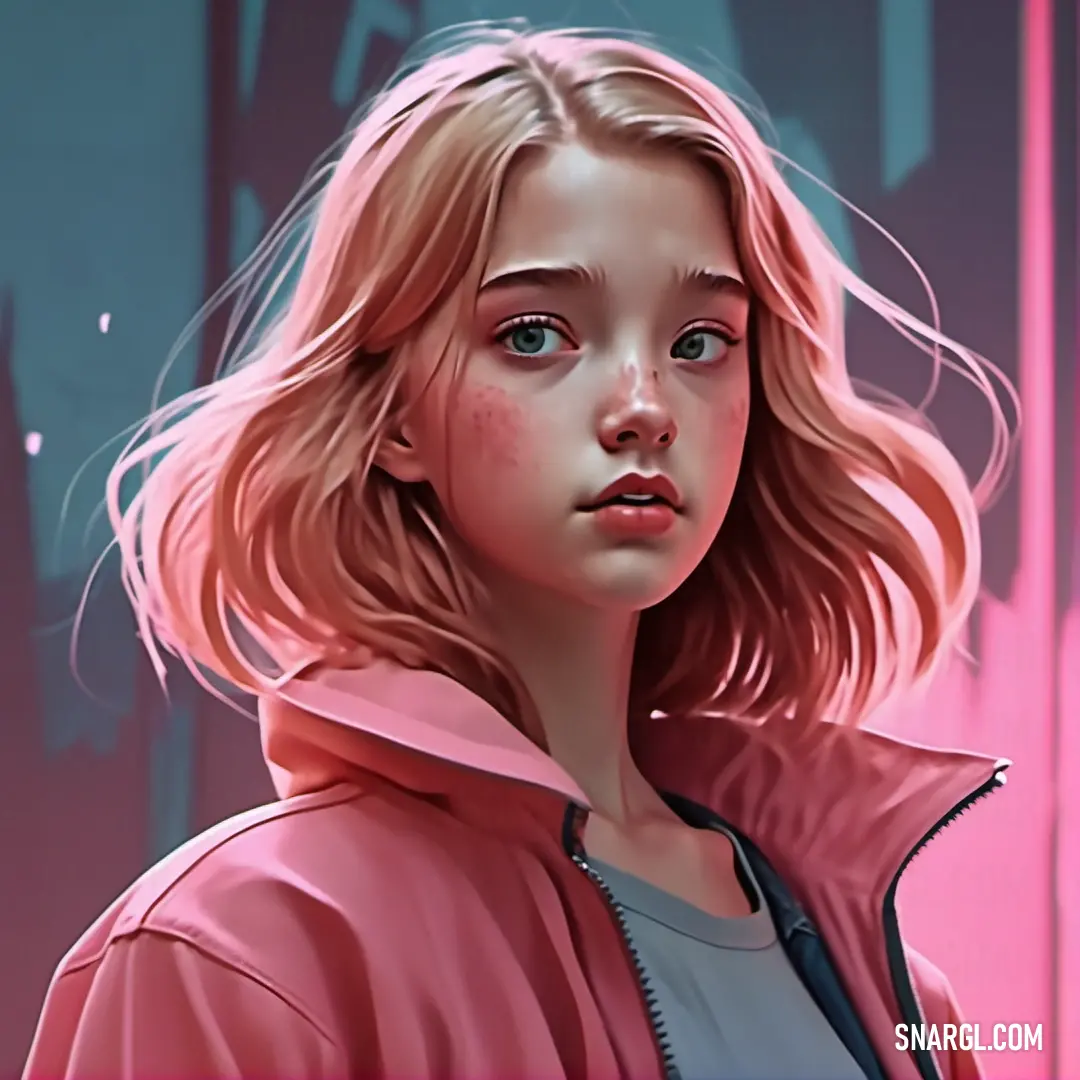 Flamingo pink color example: Girl with blonde hair and a pink jacket is looking at the camera with a serious look on her face
