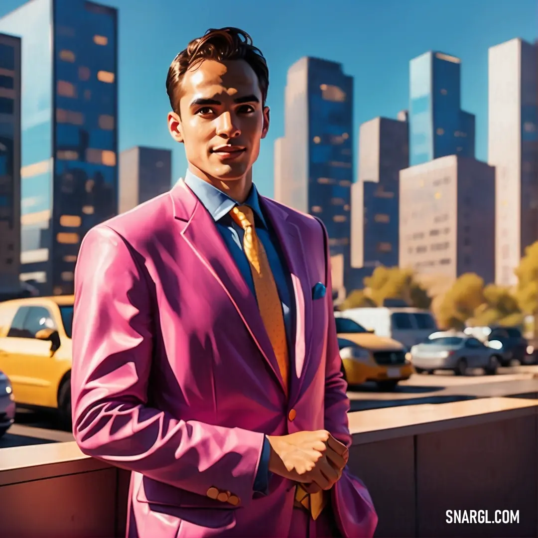 Flamingo pink color example: Man in a suit standing in front of a city skyline with tall buildings in the background
