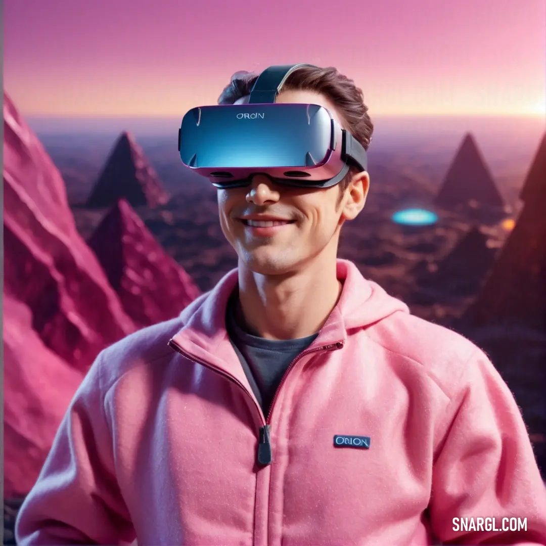 Man wearing a pink jacket and a pink jacket with a blue virtual headset on his head. Example of #FC8EAC color.