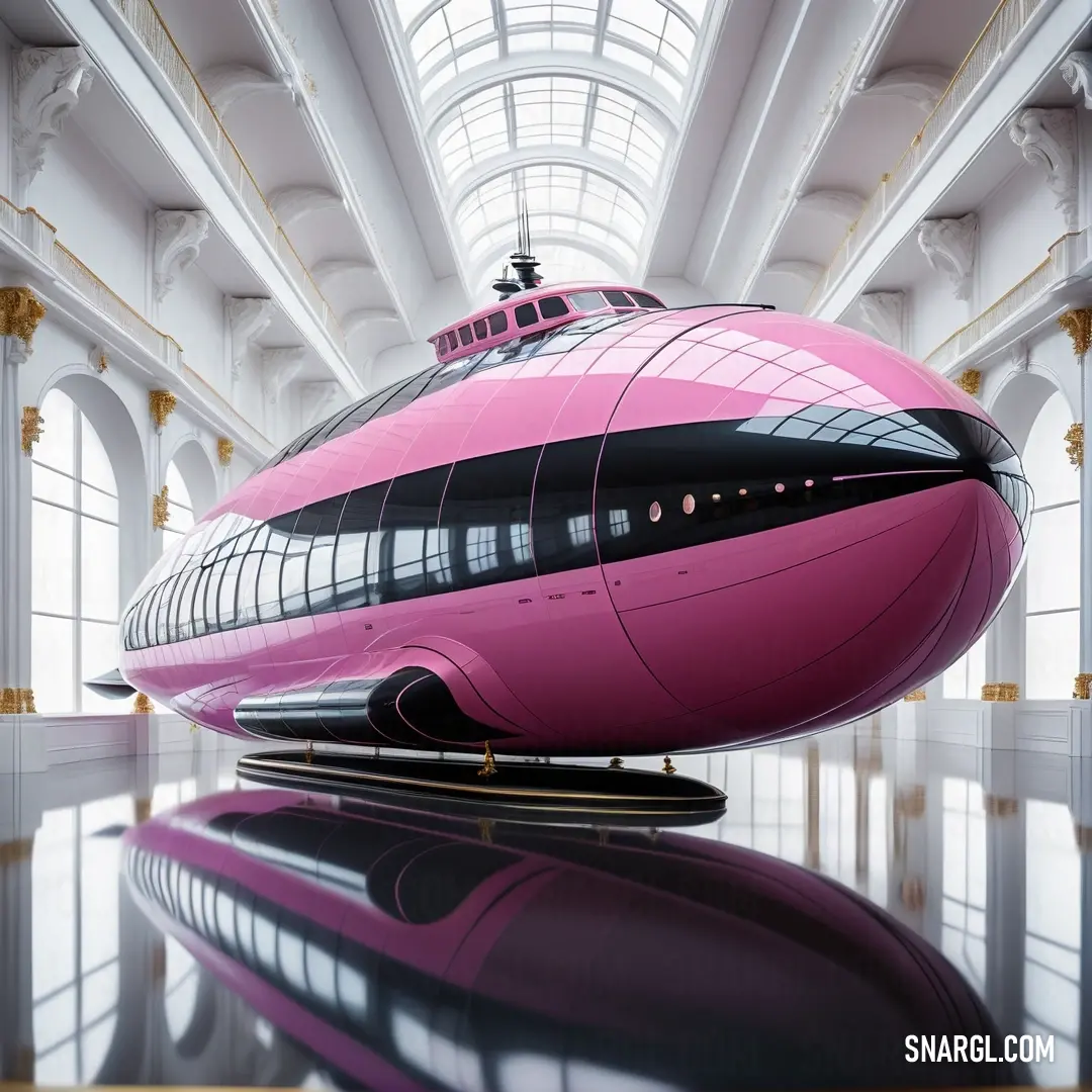 Pink and black train is in a large room with windows and a ceiling fan on the ceiling. Example of CMYK 0,44,32,1 color.