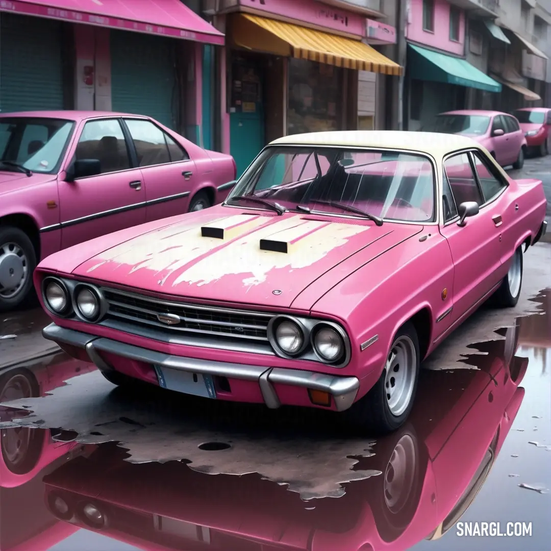 Pink car is parked on a wet street with other cars in the background. Color CMYK 0,44,32,1.