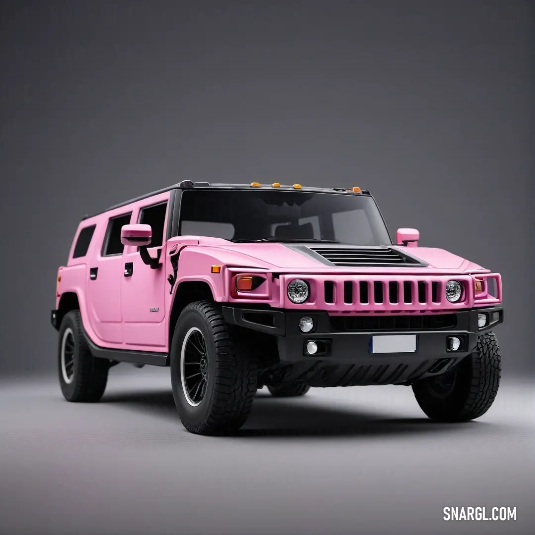 Pink hummer truck is parked on a gray background. Example of Flamingo pink color.