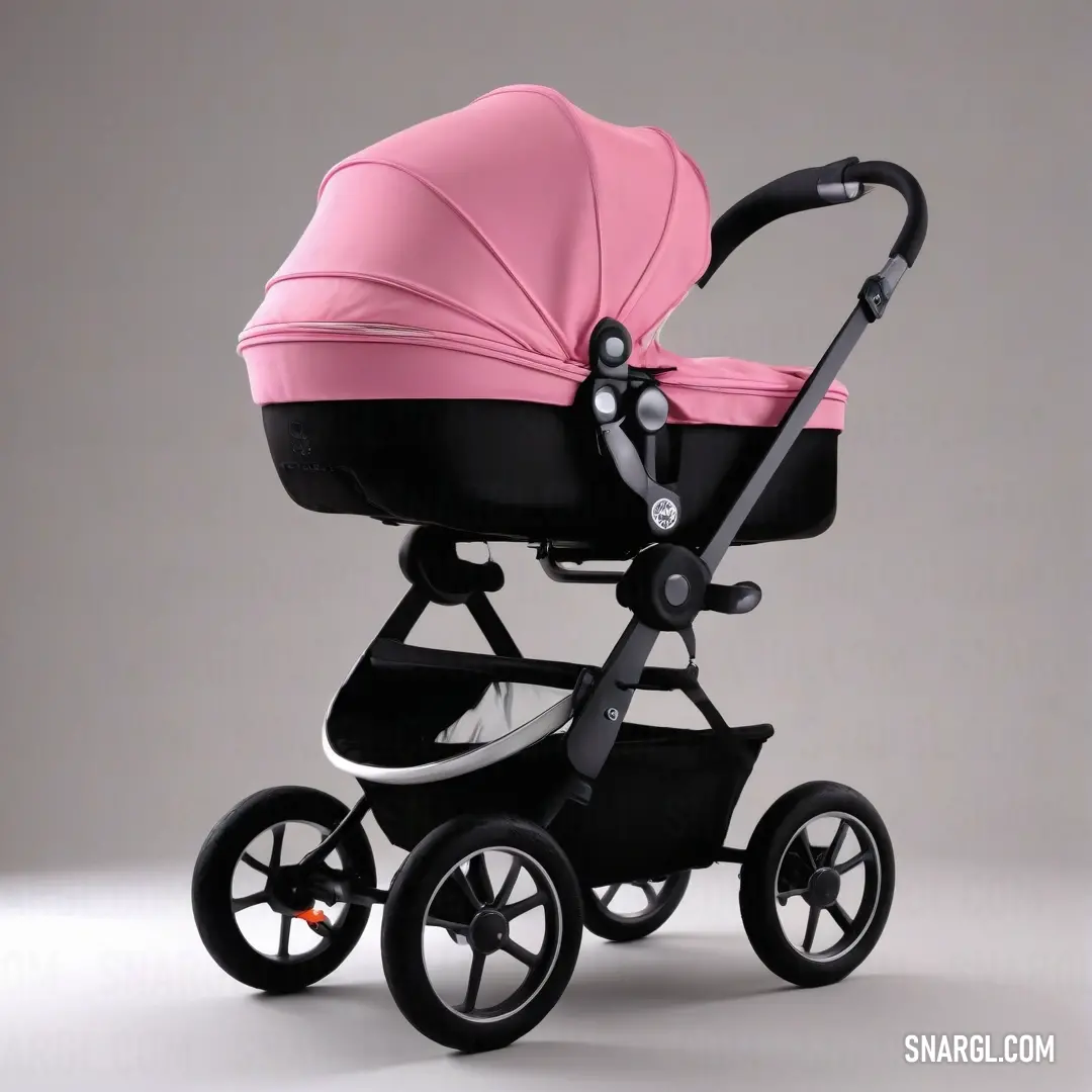 Pink stroller with black wheels and a pink seat on a gray background. Example of RGB 252,142,172 color.