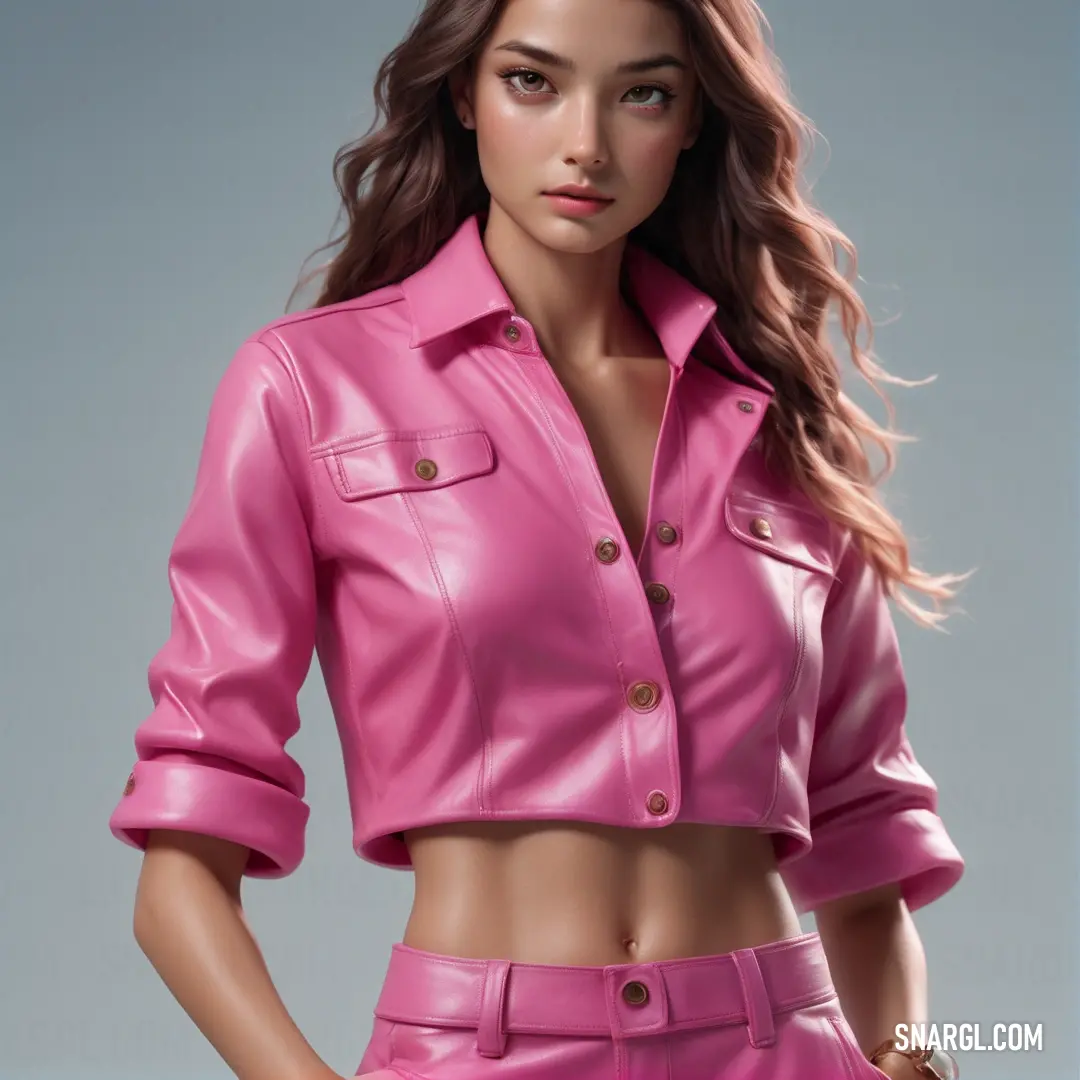 Flamingo pink color. Woman in a pink leather jacket and pants posing for a picture with her hands on her hips