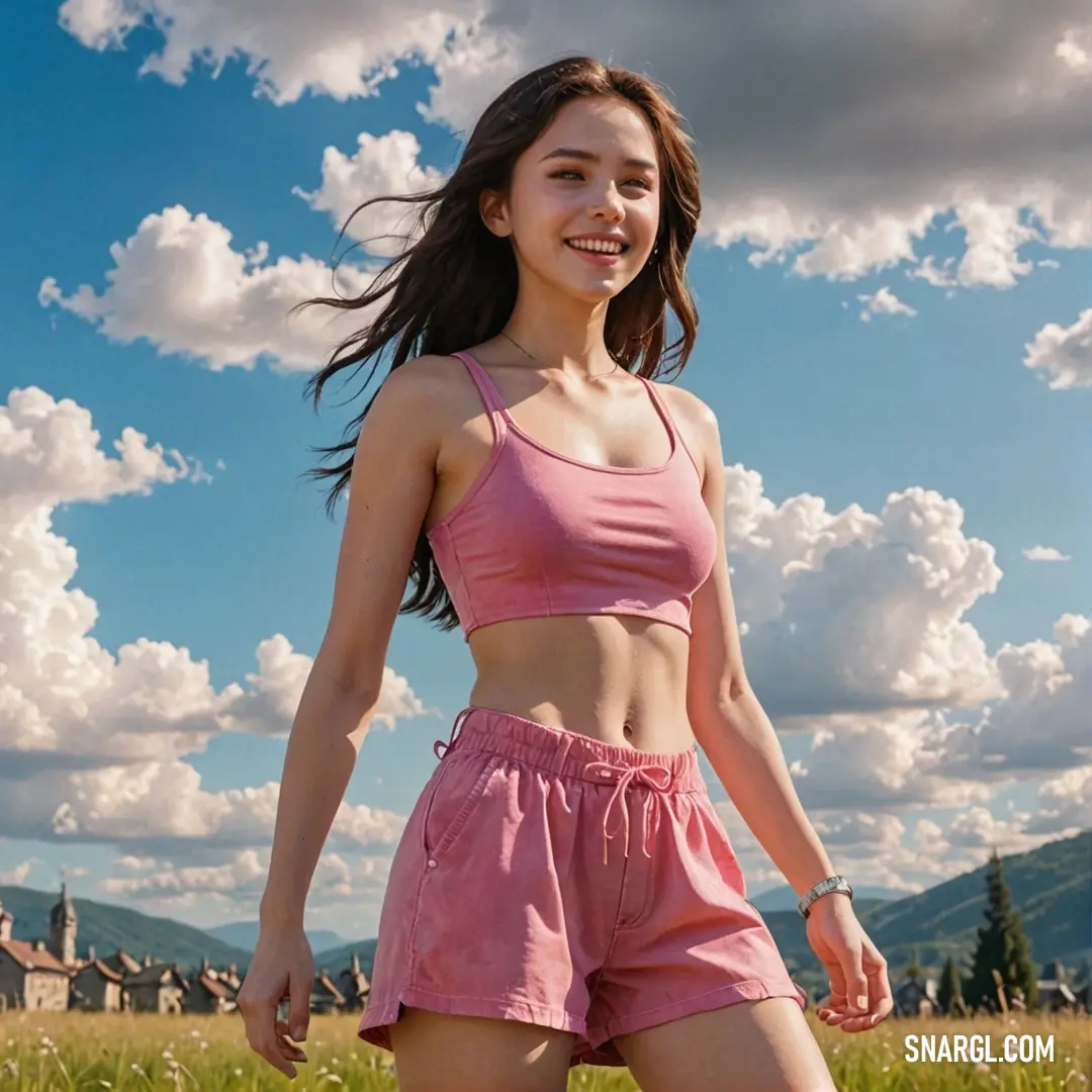 Flamingo pink color. Woman in a pink top and shorts standing in a field of grass and flowers with a blue sky with clouds