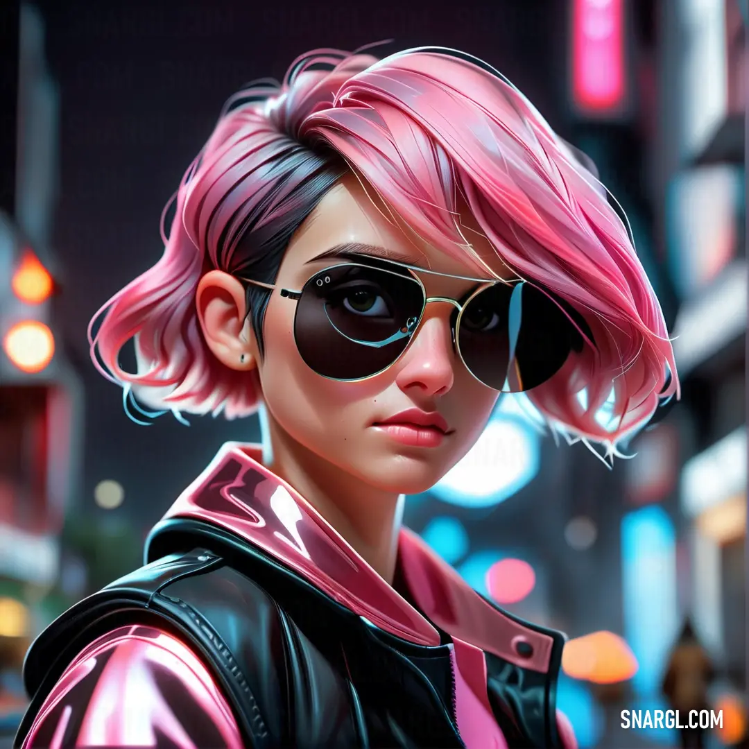 Woman with pink hair and sunglasses on a city street at night with neon lights in the background. Example of CMYK 0,44,32,1 color.