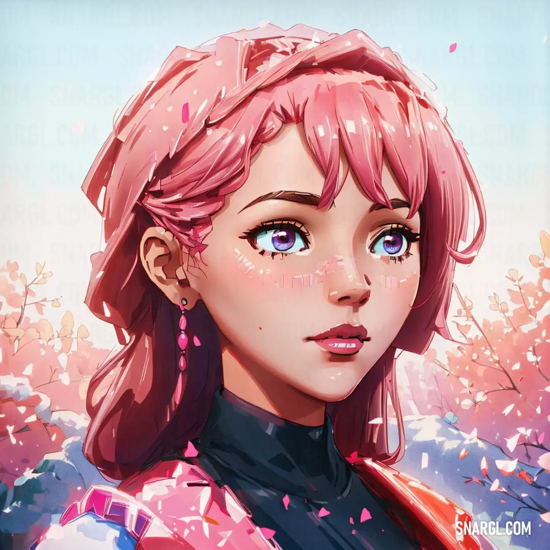 Girl with pink hair and blue eyes looks into the distance with pink flowers in the background