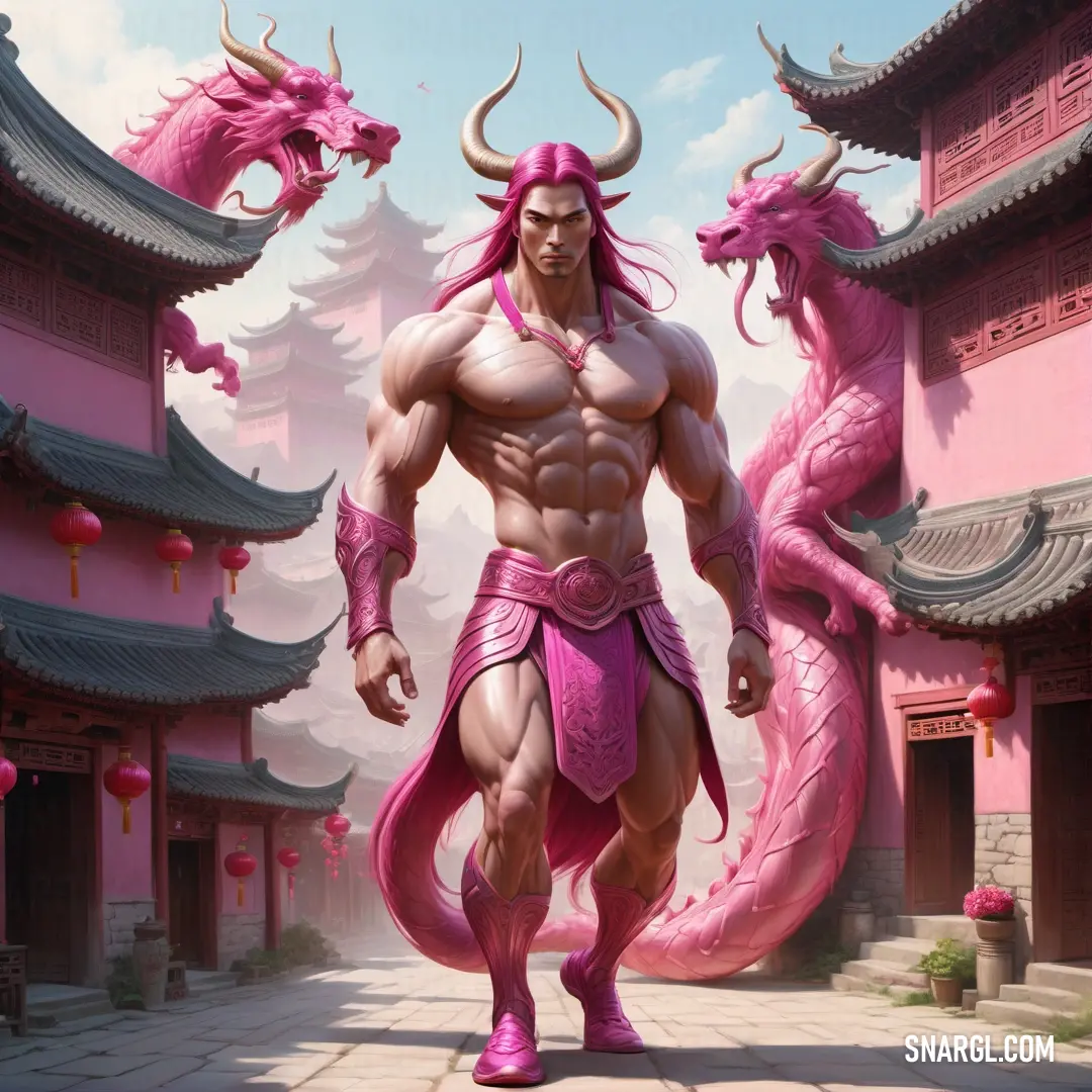 Man with a pink outfit and a dragon like body is standing in front of a pink building