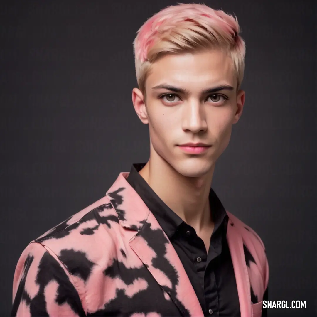 Man with pink hair and a black shirt on a black background. Example of CMYK 0,44,32,1 color.