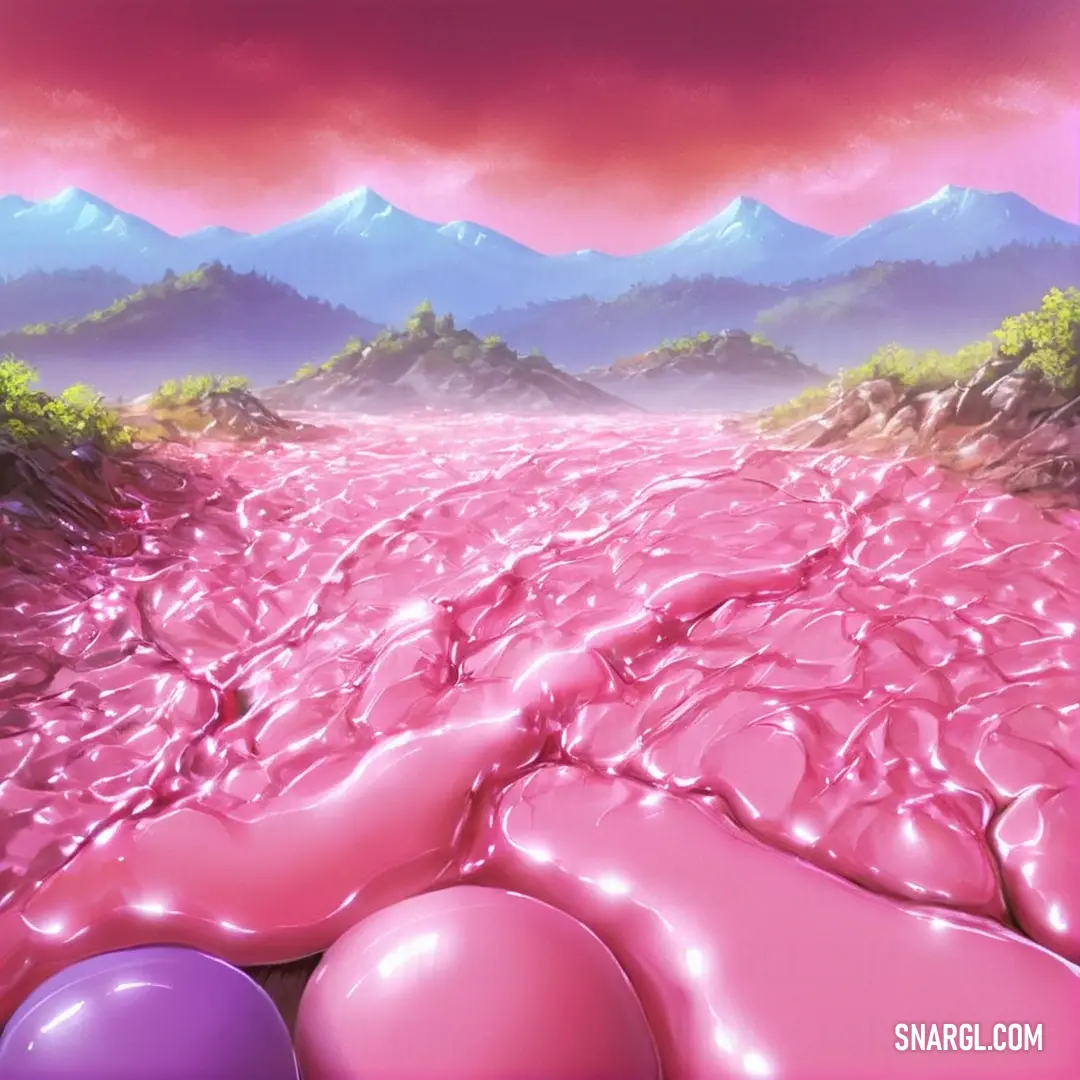 Painting of a pink and purple landscape with mountains in the background and three balloons in the foreground