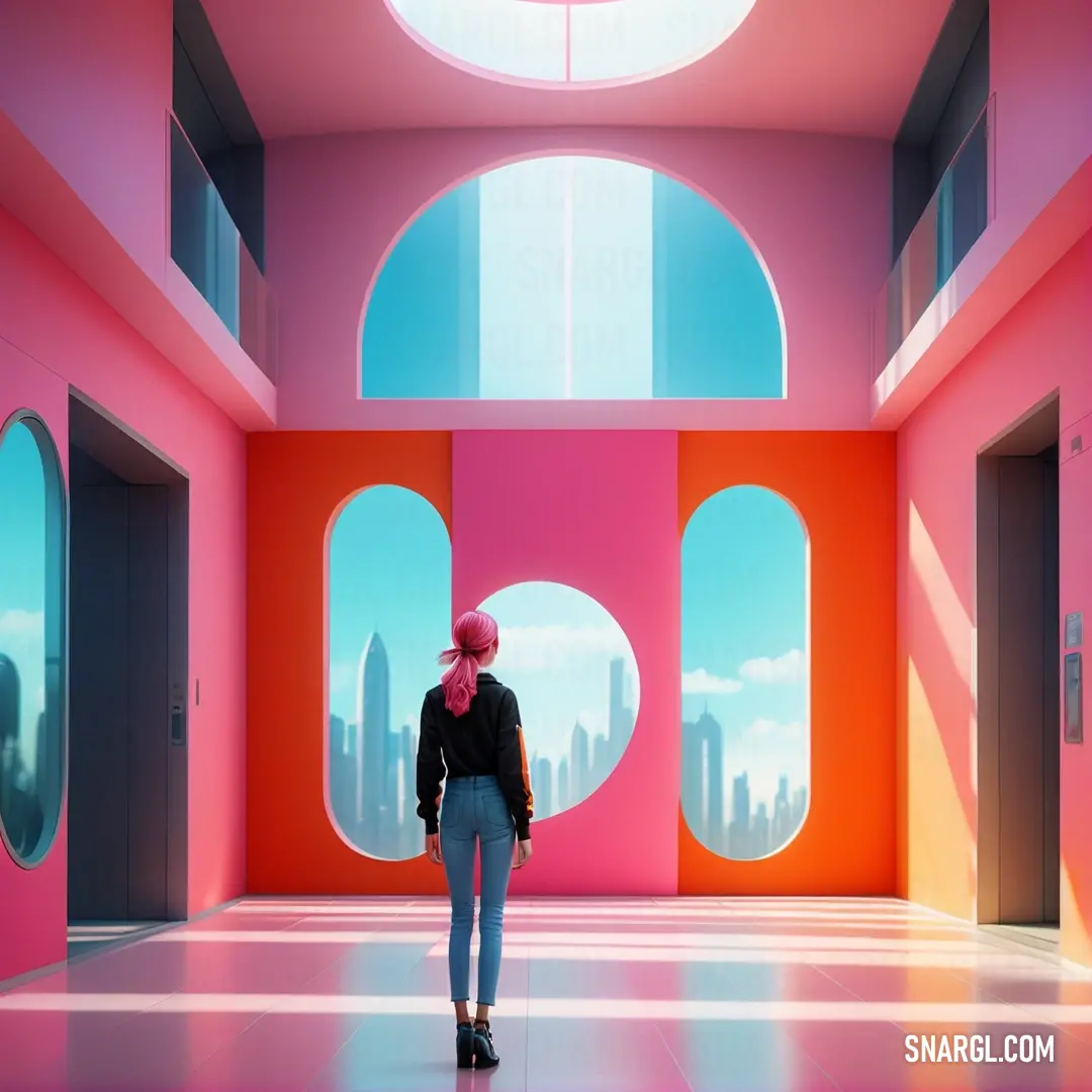 Flamingo pink color. Person standing in a room with a pink and orange wall and a pink and orange wall and a pink