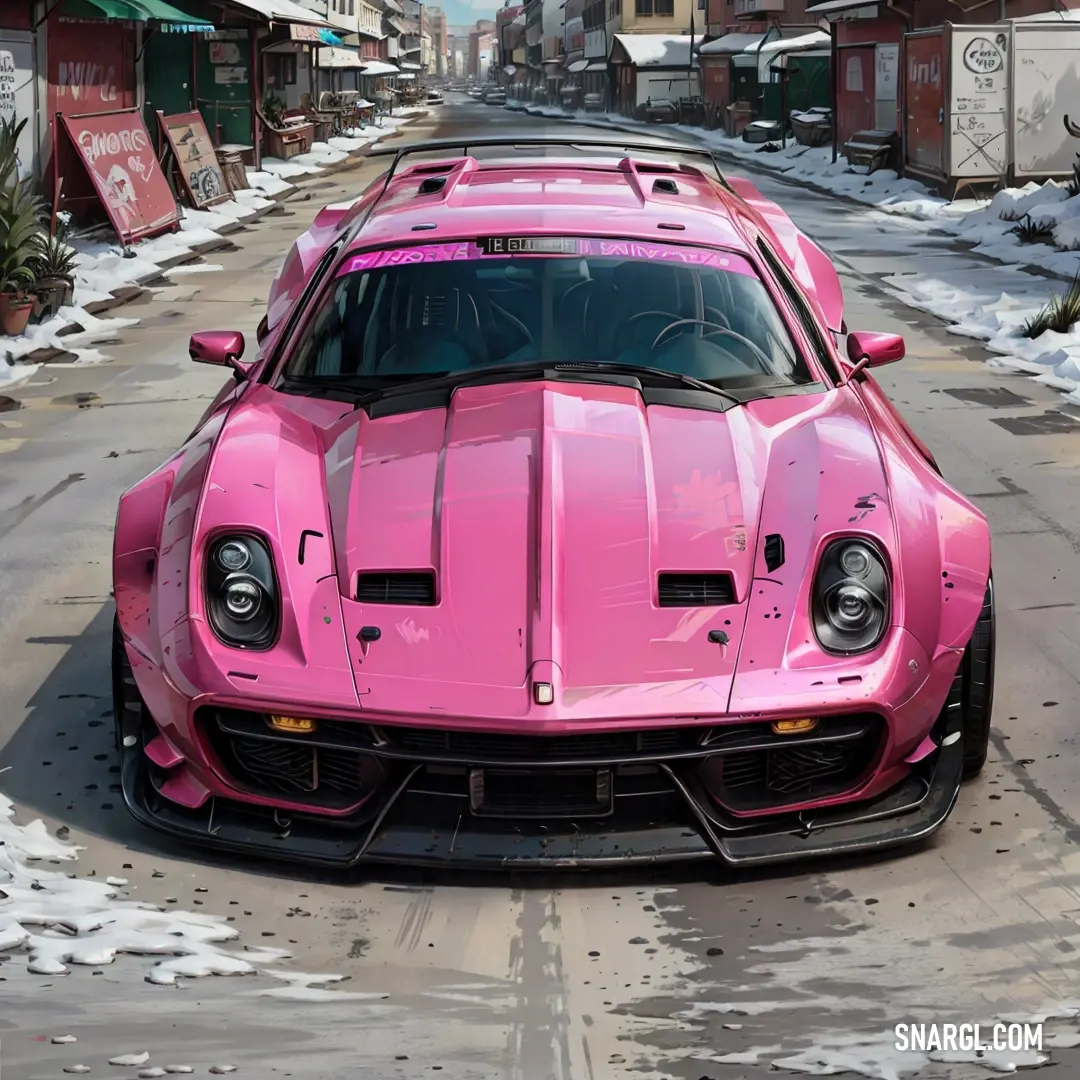 Pink sports car parked on a snowy street in the snow with a few buildings in the background