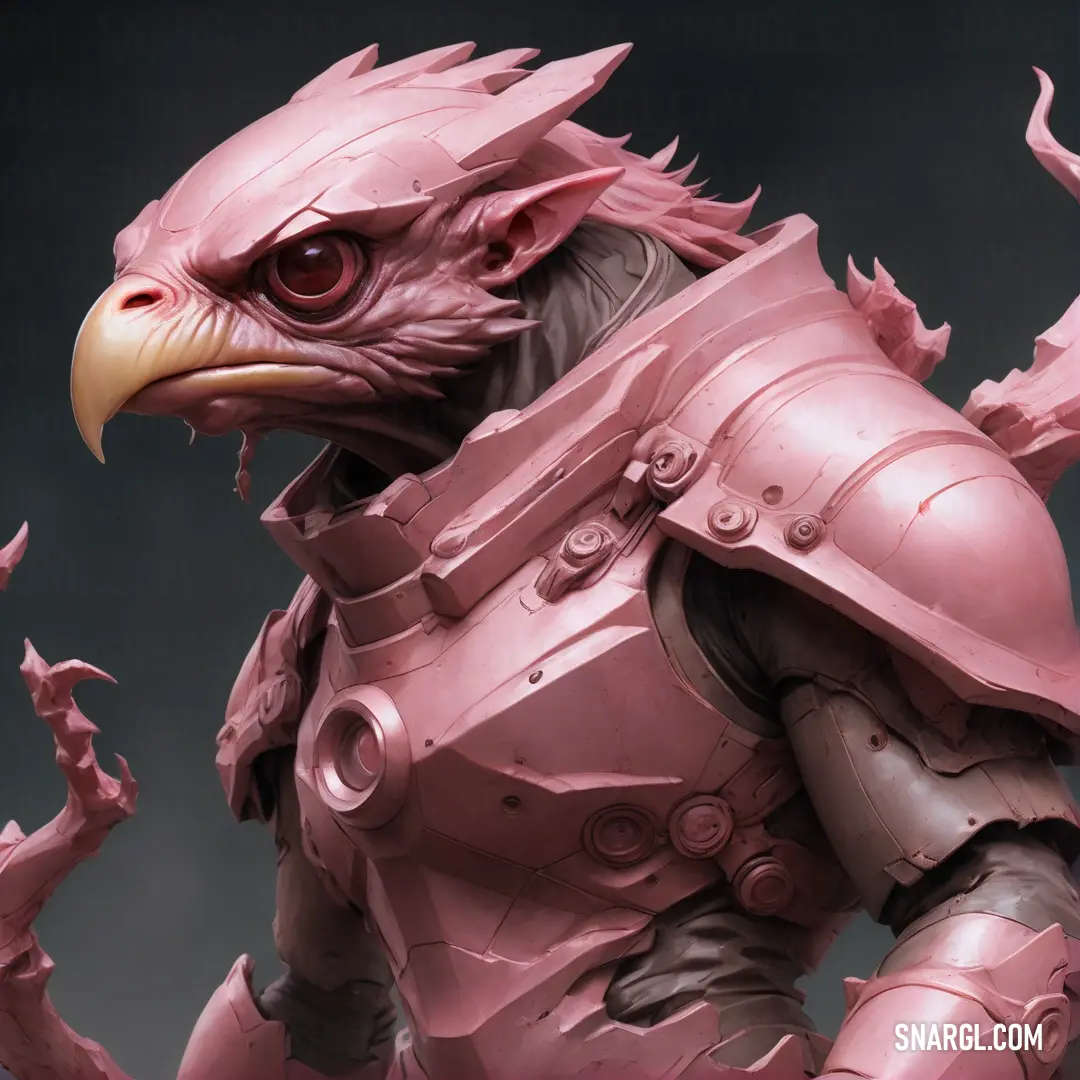 Statue of a bird wearing a pink armor and a helmet with a large beak and a large beaked head