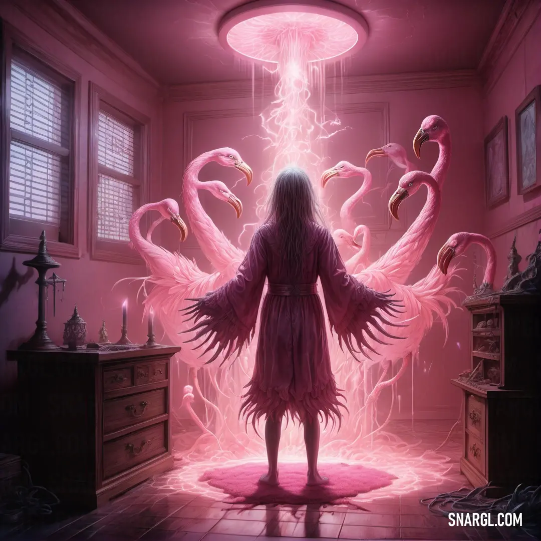 Woman standing in a room with flamingos in the background and a pink light coming from her head