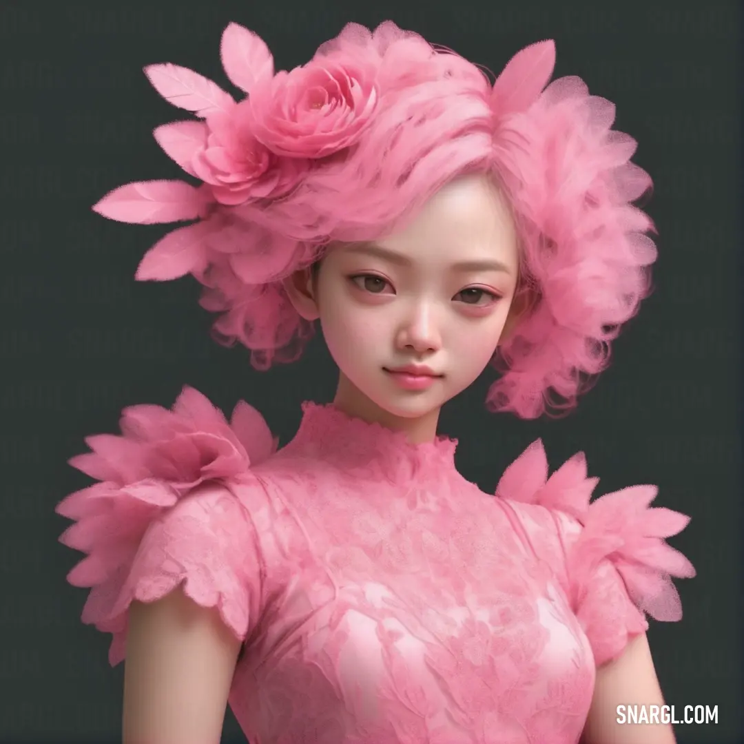 Woman with pink hair and a pink dress with flowers on it's head. Color #FC8EAC.