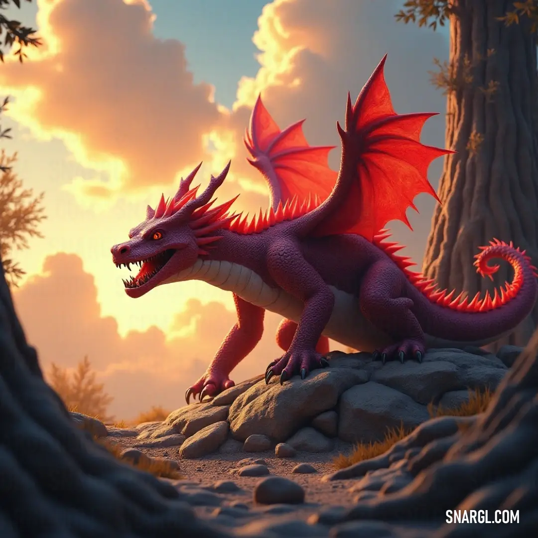 A powerful red flare beast perched on a rock in the woods during sunset, surrounded by the natural beauty of a glowing, golden landscape. A fearsome red flare beast stands boldly atop a rock in a forest at sunset. The warm, golden light of the setting sun glows around the beast, highlighting its power as it stands in front of a silhouetted tree.