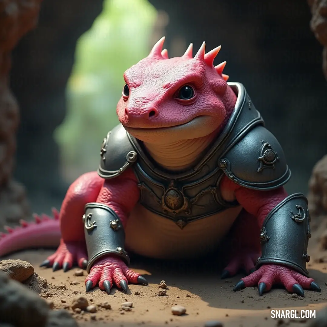 A toy lizard with spikes and armor on its back, perched on a rock in a cave with an intriguing green backdrop, ready for adventure. A toy lizard, armored with sharp spikes and protective plating, rests on a rock inside a mysterious cave. Its vibrant details stand out against the cave’s lush green backdrop, showcasing its fierce appearance.