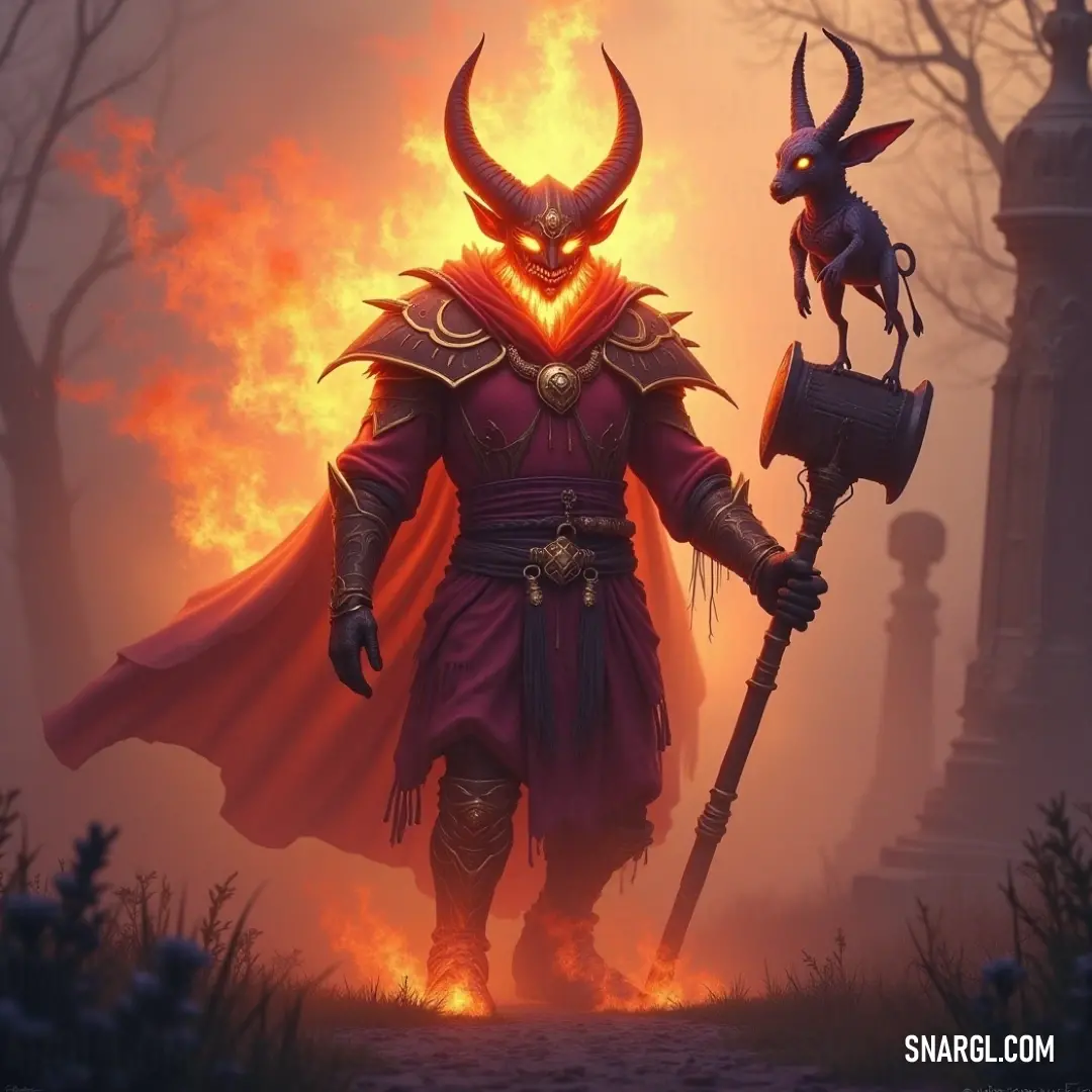 A Flare Elemental with a horned head stands in a fog-filled forest, wielding a hammer and fire axe, radiating power and intensity. A powerful Flare Elemental with a horned head stands in a foggy forest, holding a hammer and a fire axe, ready for battle. The misty atmosphere adds mystery to this fiery being, whose presence exudes strength and determination.