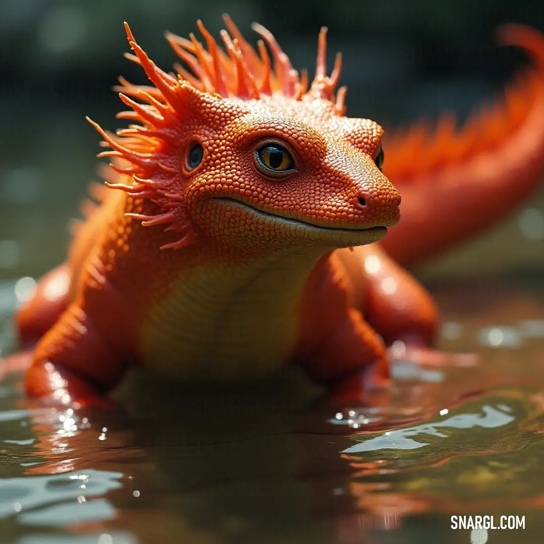 A colorful toy lizard enjoying a playful moment in the water, caught in an inquisitive glance towards the camera. A vibrant toy lizard gracefully glides through the clear water, its glossy texture glimmering as it gazes directly at the camera, seemingly curious and poised as it navigates the gentle current to the right.