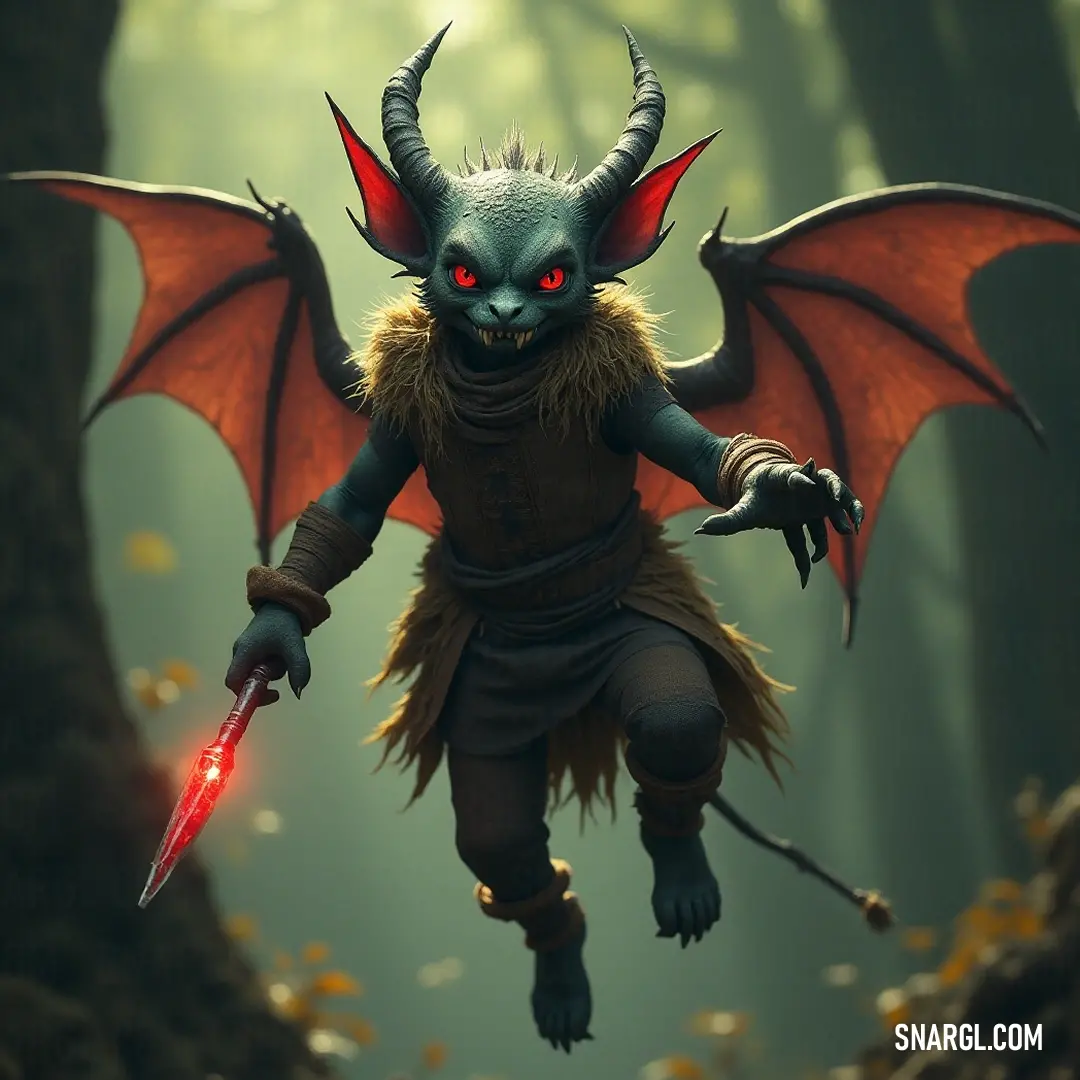 Flare emerges from the shadows, its body reminiscent of a demon, illuminated by an ominous red light, casting an unsettling aura in the dark forest, a manifestation of both terror and intrigue.