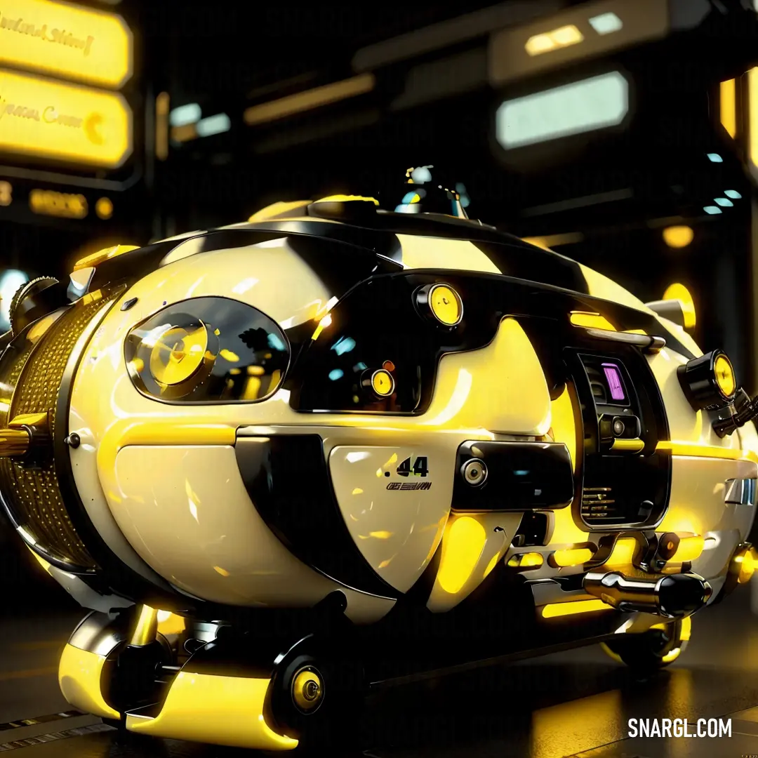 Futuristic looking robot with a yellow and black stripe on it's body and wheels