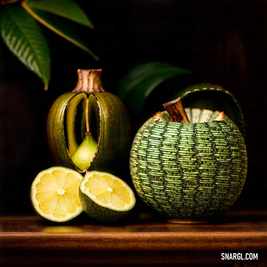 Green and yellow fruit on top of a wooden table next to a green plant and a banana