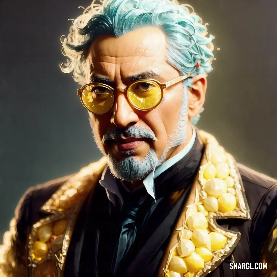 Man with a blue hair and glasses wearing a suit and tie and a gold jacket