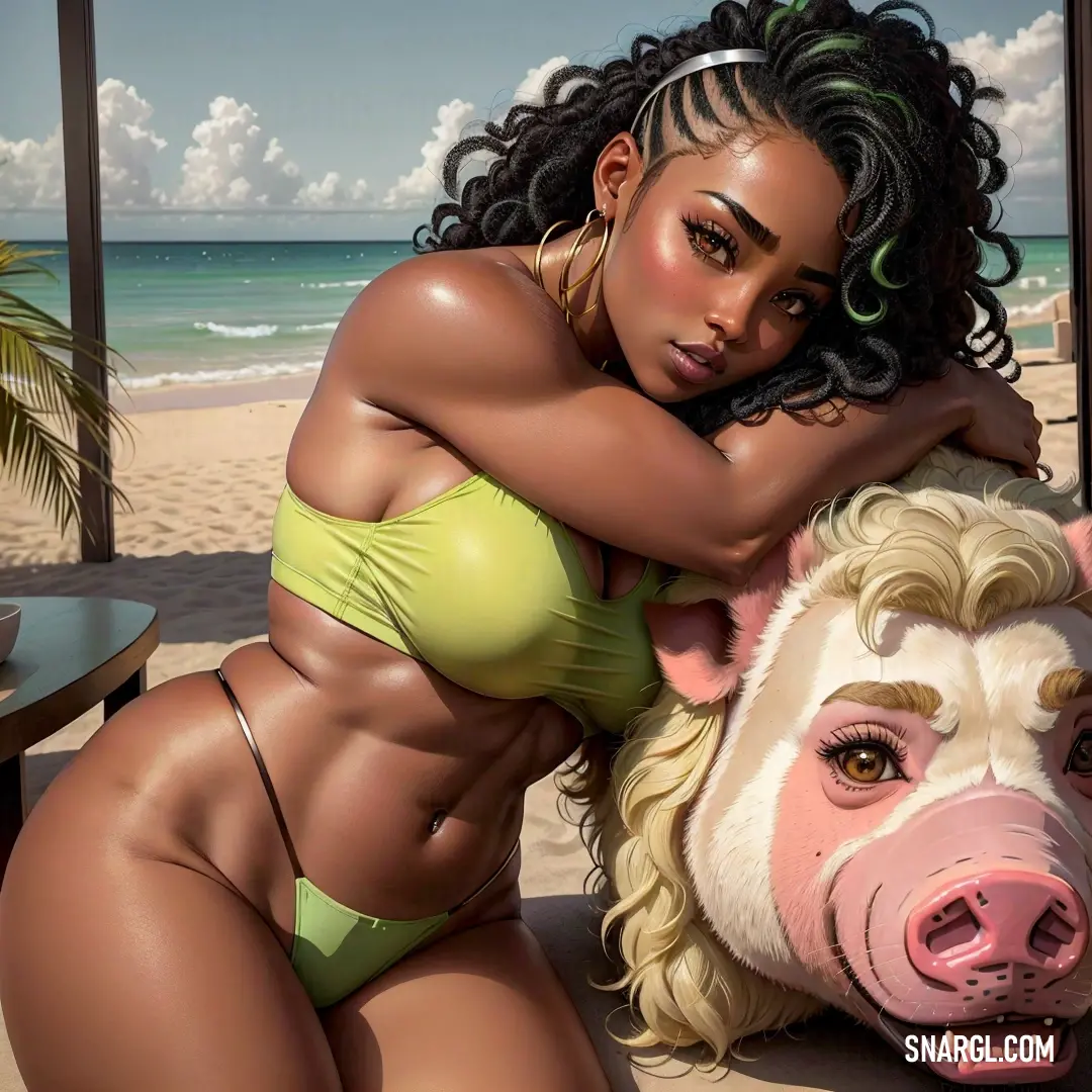 Woman in a bikini next to a fake pig on the beach