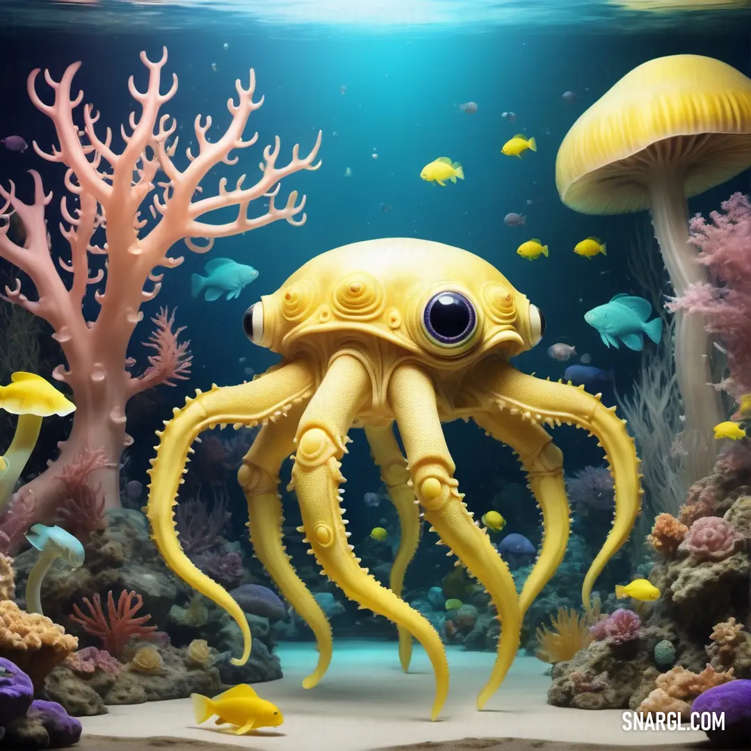 Yellow octopus is swimming in an aquarium with corals and other marine life around it