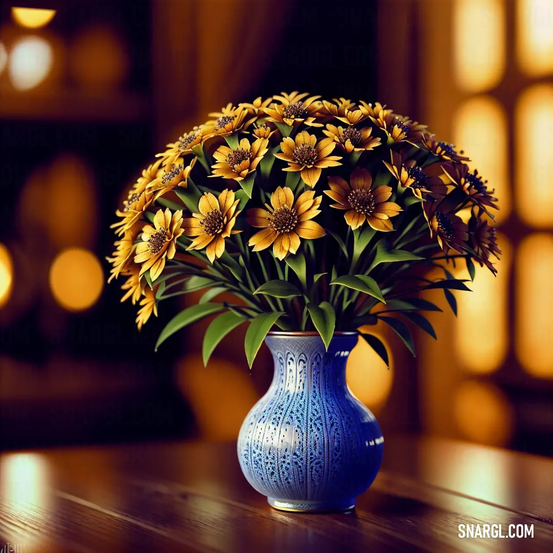 Blue vase filled with yellow flowers on a table next to a window