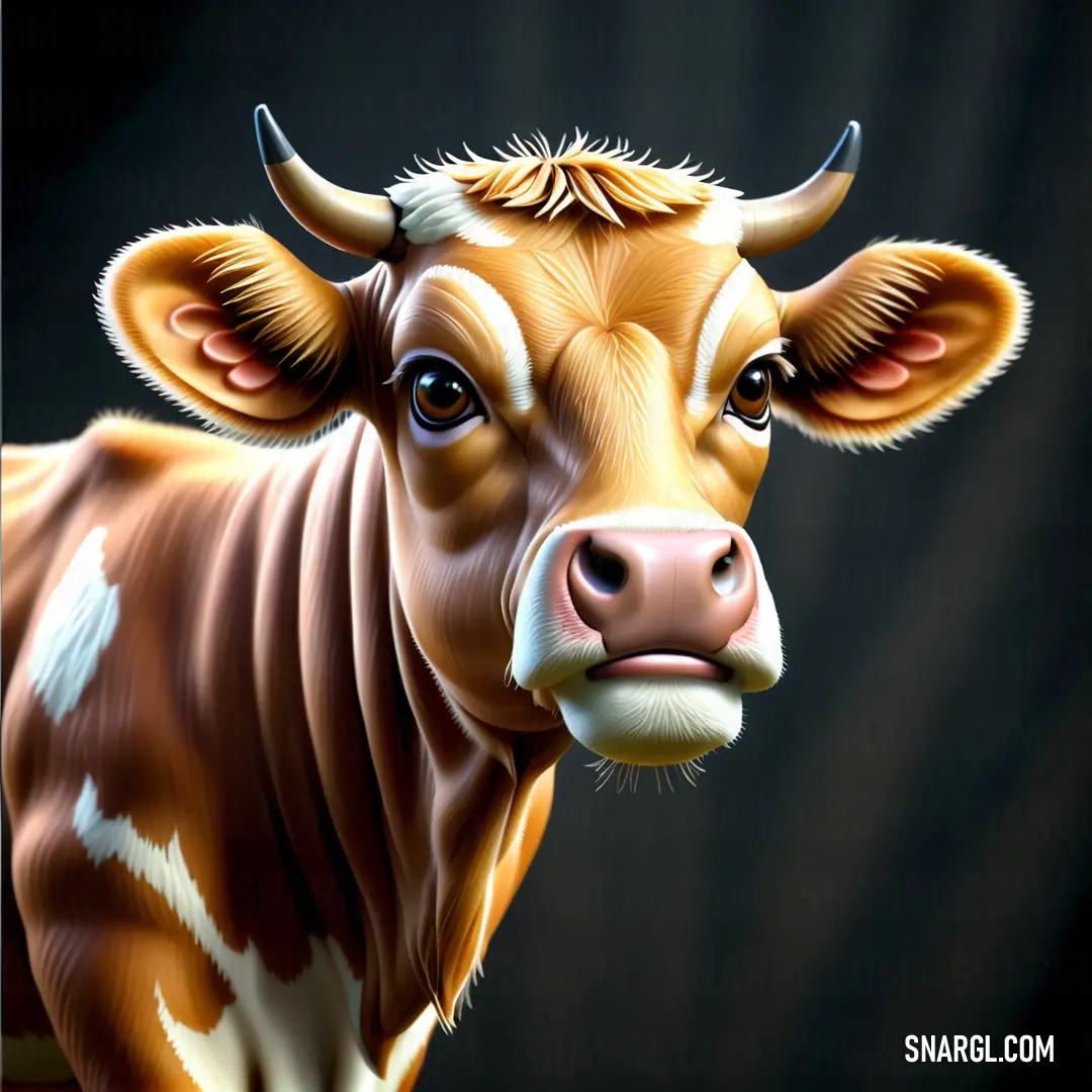 Brown and white cow with a black background