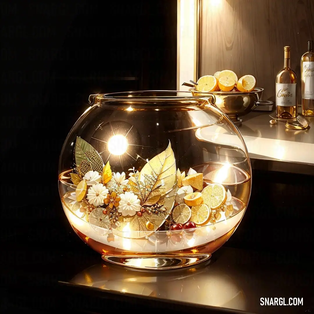 Fish bowl with flowers and leaves in it on a table next to a bottle of wine and a mirror