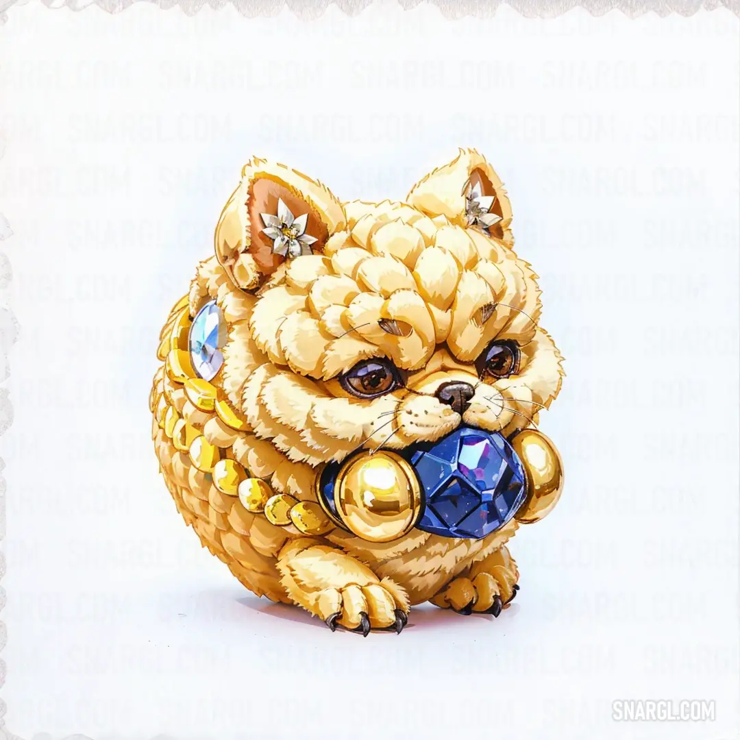 Small dog figurine with a blue ball in its mouth and a gold collar around its neck. Color #EEDC82.