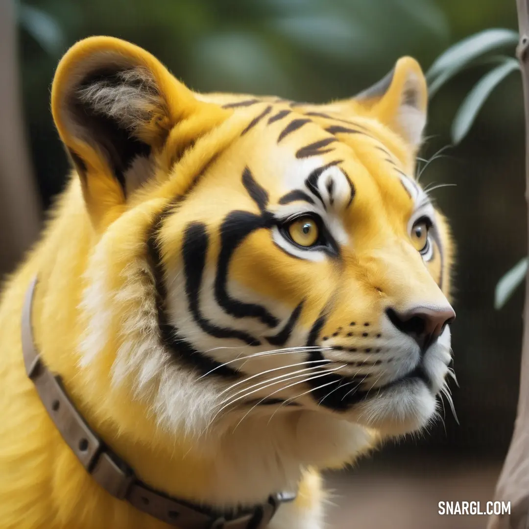 Tiger with a black and white face and a tree in the background. Color RGB 238,220,130.