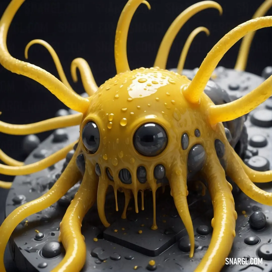 Yellow octopus with black eyes and yellow tentacles on a black surface with water droplets on it's surface. Color RGB 238,220,130.