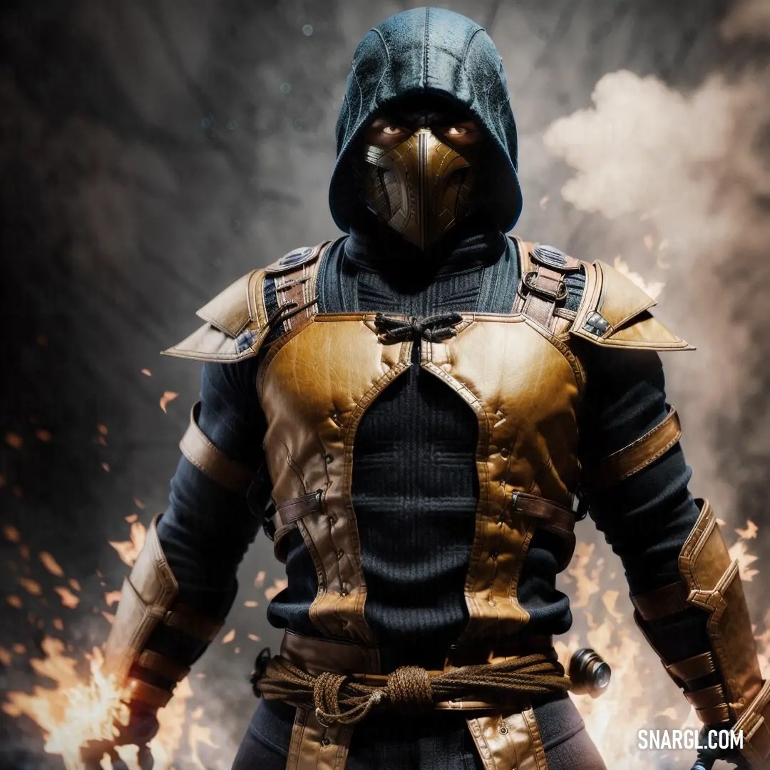 Man in a costume standing in front of a fire and smoke background with a hood on and a sword in his hand