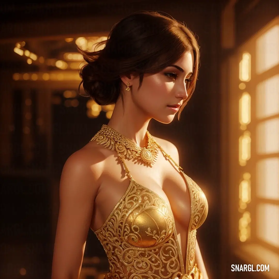 Woman in a gold dress with a necklace and earrings on her neck and chest. Color #EEDC82.