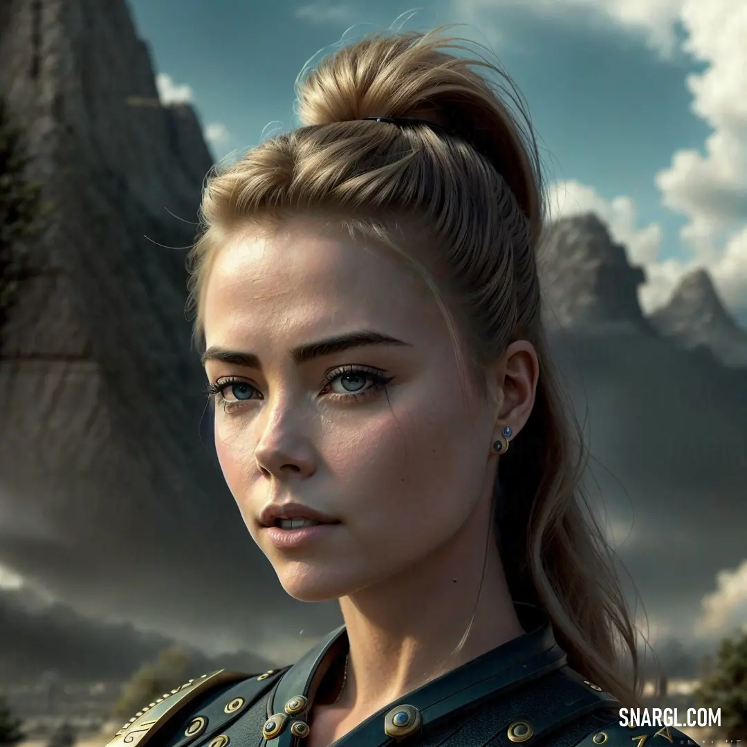 Woman with a ponytail in a fantasy setting with mountains in the background and clouds in the sky above