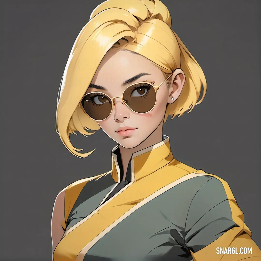 Woman with sunglasses and a yellow top is posing for a picture in a cartoon style photo shoot with a gray background