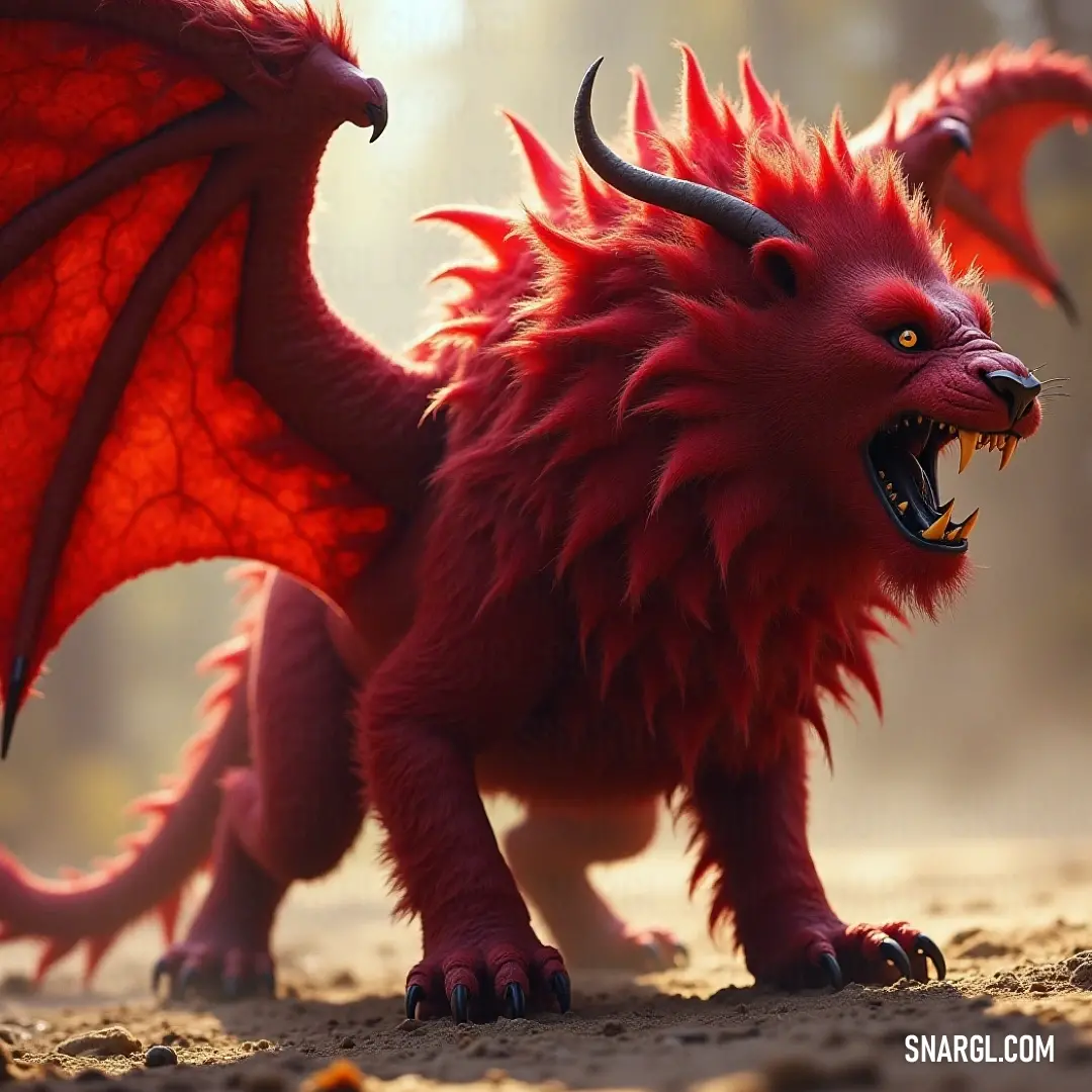 A fierce Red Fleshripper Manticore displays its impressive horns and fierce visage, capturing the essence of untamed nature in all its brutal glory. Behold the fierce Red Fleshripper Manticore, showcasing its formidable horns and fierce expression, gazing defiantly with its mouth slightly open, ready to strike in a moment's notice, a true embodiment of primal power.