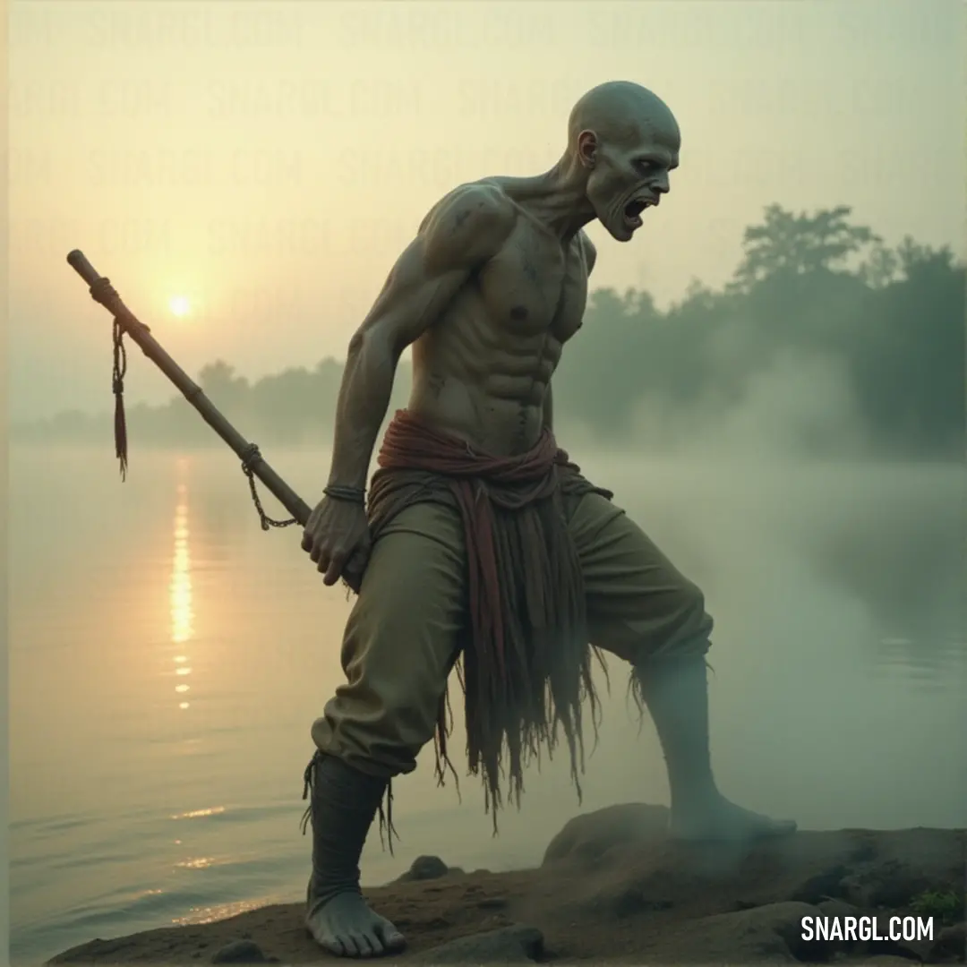 A solitary Fleshwalker, sword in hand, stands on a rock overlooking foggy waters at dawn or dusk, a figure of strength and mystery. A lone Fleshwalker, holding a sword, stands proudly atop a rock near water. The fog rises around him as the golden light of either dawn or dusk bathes the scene in mystery, giving it a timeless, cinematic feel.
