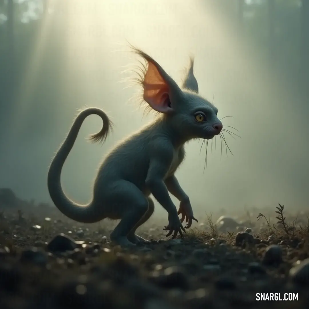 A graceful white Flick with orange accents stands amidst sunlit rocks in a forest, surrounded by the beauty of nature. A charming white Flick with distinct orange ears and tail, gracefully poised on the rocky forest floor, illuminated by warm sunlight filtering through the rich green foliage above, creating a serene and magical atmosphere.