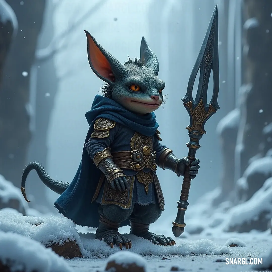 A courageous Flik wields a large sword in a serene snowy forest, showcasing determination and strength against winter's beauty. A Flik grips a massive sword firmly, surrounded by a snowy forest blanketed in pristine white. The frosty air sparkles with tiny flakes, while the snow-laden branches create a picturesque backdrop for this fearless creature prepared for any challenge that