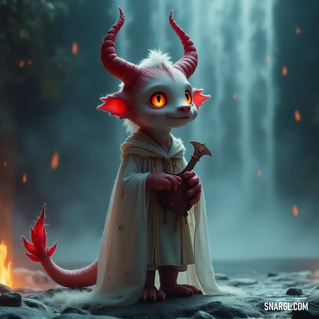 A regal Flik with horns and a robe stands by a majestic waterfall, showcasing vibrant red eyes amid nature's splendor. A majestic Flik with intricate horns and a flowing robe stands before a breathtaking waterfall, its vibrant red eyes reflecting the cascading water. The scene is alive with movement and energy, highlighting the harmonious relationship between the creature